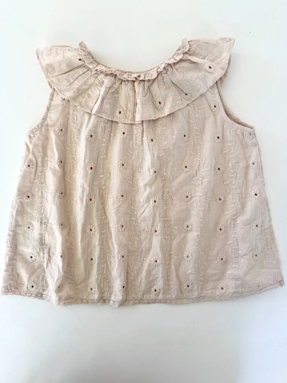Zara Girls Top 4-5Y NWT Beige Embroidered Floral Ruffle Collar Cotton